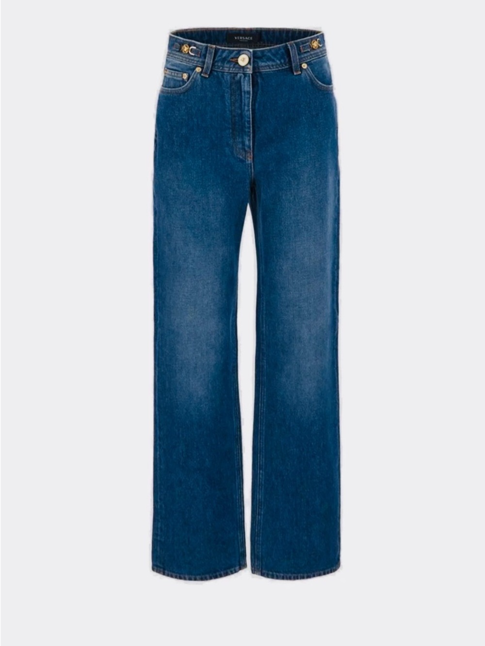 VERSACE High Waist Straight Leg Jeans, Blue Denim, Size: 27 (US). Made in Italy